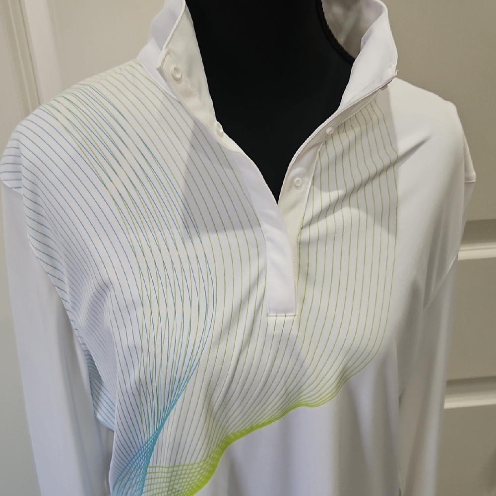 Callaway White and Blue Long Sleeve Top with Green Accents - Picture 4 of 14